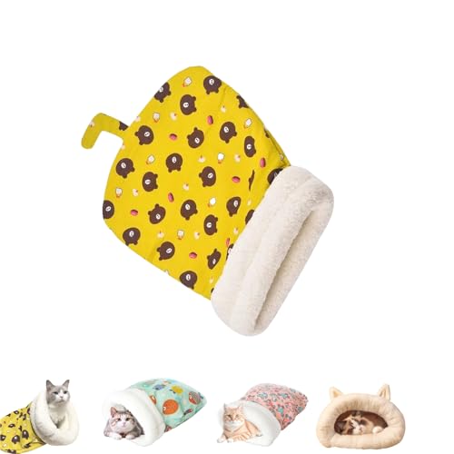 Gemütlicher Katzen-Winterschlafsack, warmes Katzenhöhlenbett, 360°-Wickel, weiches Plüsch-Haustierbett, geeignet für Haustiere unter 7,5 kg (Yellow Bear A) von Generisch