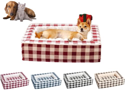 Gemütliches Hundebett mit Schottenmuster gegen Angstzustände, abnehmbare, waschbare, weiche, Flauschige Hundeschlafmatte, lustiges, Flauschiges quadratisches Hunde- und Katzenbett (L,Rot) von Generisch