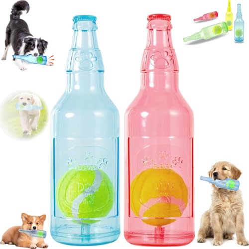 Generisch Beer Bottle with Tennis Ball Dog Chew Toy, Ball Rubber Bottle Dog Toy, Cute Squeaky Dog Toys Bottle,Interactive Bottle Toys for Dogs for Play and Training (Blue + Red, Kleine) von Generisch