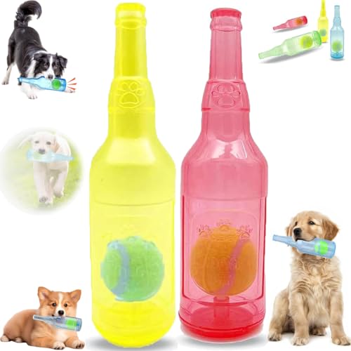 Generisch Beer Bottle with Tennis Ball Dog Chew Toy, Ball Rubber Bottle Dog Toy, Cute Squeaky Dog Toys Bottle,Interactive Bottle Toys for Dogs for Play and Training (Yellow + Red, L) von Generisch