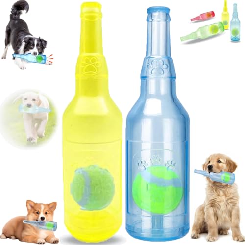 Generisch Beer Bottle with Tennis Ball Dog Chew Toy, Ball Rubber Bottle Dog Toy, Cute Squeaky Dog Toys Bottle,Interactive Bottle Toys for Dogs for Play and Training (Yellow +Blue, Kleine) von Generisch