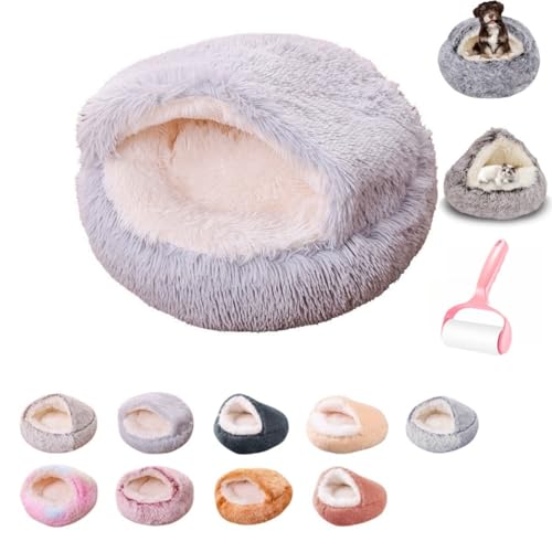 Generisch Round Plush Hooded Cat Bed,Soft Plush Cozy Anti-Anxiety Dog Cave Beds for Puppy and Kitten,Semi Enclosed Pet Nest,Anti-Slip Washable Fluffy Medium Pets Beds von Generisch