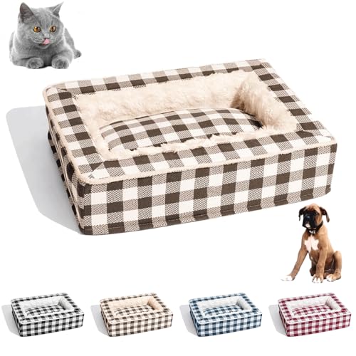 Generisch Tartan Cozy Dog Anti-Anxiety Calming Bed, Festive Classic Bed Square, Removable Washable Soft Fluffy Dog Sleeping Mat for Large Medium Small Pet (XL,Brown) von Generisch