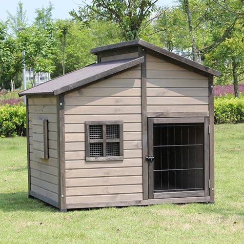 Große Hundehütte aus Holz für den Außenbereich mit Linoleumdach, wasserdichter Unterschlupf für kleine bis große Hunde, erhöhtes Hundehaus für Wetterschutz von Generisch