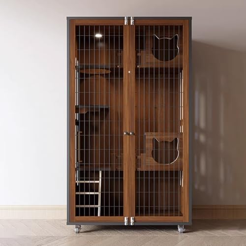 Große Katzengehege Laufstall Indoor mit Rollen und Eisentor - Mehrschichtiger Katzenkäfig aus Holz mit Licht, atmungsaktivem Design und freiem Zugang von Generisch