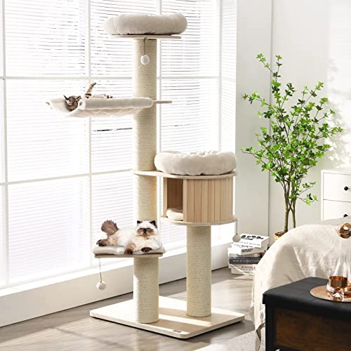 Großer Katzenbaum, mehrstöckiger hoher Katzenturm mit Sisal-Kratzstämmen, Hängematten, Hängekorb, Katzenhütte und abnehmbaren waschbaren Kissen, moderner Holz-Katzenbaum für Indoor-Katzen großer von Generisch