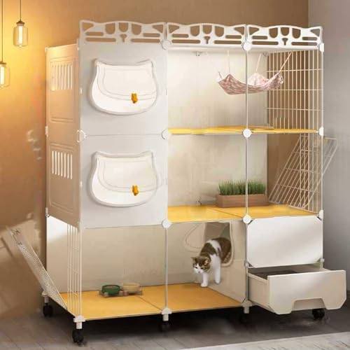 Großer Katzenlaufstall, Katzengehege mit Katzentoilette, Katzenkäfige für den Innenbereich zum Selbermachen, interaktive Katzenvilla, verbesserte Lenkrolle, frei beweglich, leicht zu reinige von Generisch