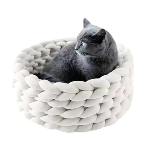 Handgewebtes Katzennest, weiche zottelige Matte, für den Innenbereich, rundes Katzenkissen, warmer Katzen-Schlafkorb, Katzenhütte, kleine Hunde, Katzen (gebrochenes Weiß, 50 cm) von Generisch