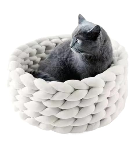 Handgewebtes Katzennest, weiche zottelige Matte, für den Innenbereich, rundes Katzenkissen, warmer Katzen-Schlafkorb, Katzenhütte für kleine Hunde (gebrochenes Weiß, 55 cm) von Generisch