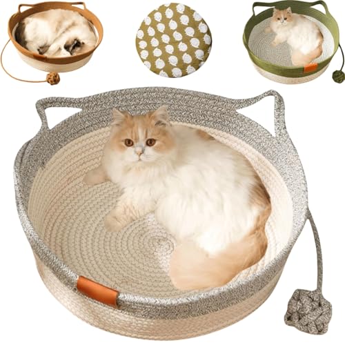 Handwoven Cotton Rope Circular Cat Basket Bed,Lndoor Cat House with Mat and Interactive Woven Ball,Multifunctional Comfortable Sleeping Nest Basket for Small Cats Dogs Pets All Seasonal Use von Generisch