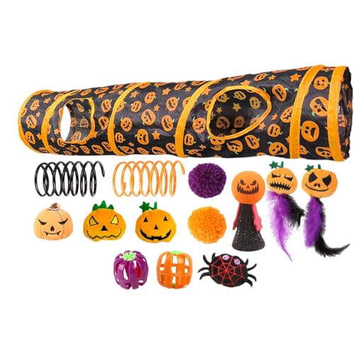 Haustier-Katzentunnelröhre, Katzenspielzeug-Set mit Tunnel | Zusammenklappbare Halloween-Katzenröhren mit Katzenspielzeug | Interaktives Spielzeug mit Kürbismuster für gelangweilte Katzen und Kleintie von Generisch