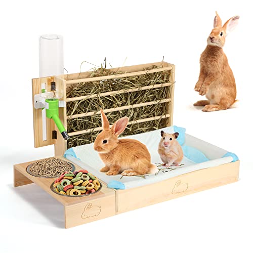 Hölzerner Kaninchen-Heu-Futterspender mit Katzentoilette, Wasserflaschenständer und Futterspender, 4-in-1-Kombi-Futterstation für Kaninchen, Meerschweinchen, Hamster, rektale Haustierbedarf, Krippe von Generisch