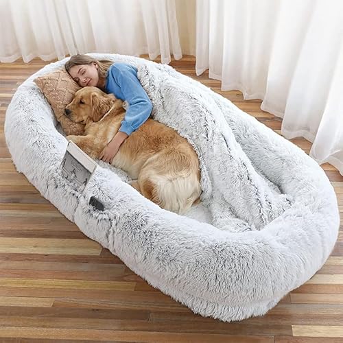 Hundebett für große Hunde, veganes Fell mit Kissen und Decke, abnehmbarer, waschbarer Bezug, flauschiges menschliches Hundebett für Haustiere, passend für Sie und Ihr Haustier, 180 x 115 x 25 cm von Generisch