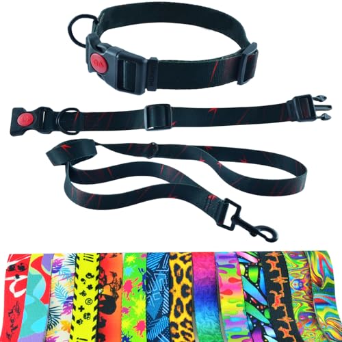 Hundehalsband und Leine 180cm für mittlere und große Hunde – Strapazierfähiges Polyester, robust mit D-Ring und doppeltem Griff (Halsumfang 42-55cm, Abstraction Black Red) von Generisch