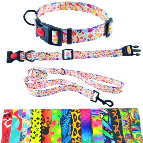 Hundehalsband und Leine 180cm für mittlere und große Hunde – Strapazierfähiges Polyester, robust mit D-Ring und doppeltem Griff (Halsumfang 42-55cm, Flower) von Generisch