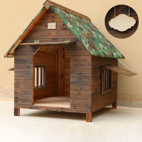 Hundehütte aus Holz mit überdachter Veranda und aufklappbarem Dach, wetterfeste Outdoor-Haustierhütte für bequemen Unterschlupf Hundehütte aus Holz mit überdachter Veranda und aufklappbarem Dach, wetterfeste Outdoor-Haustierhütte für bequemen Unterschlupf von Generisch