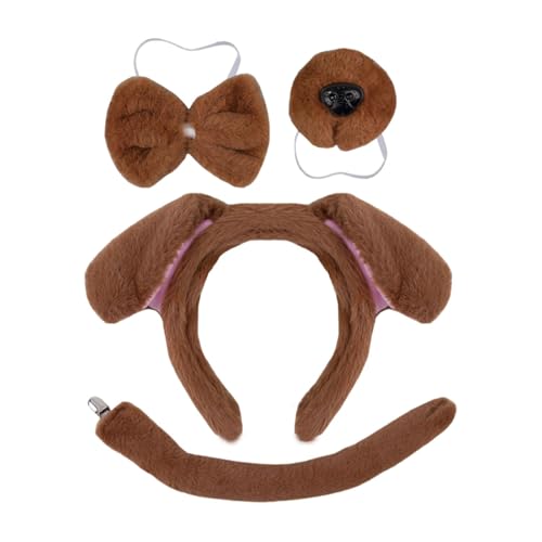 Hundeohren Stirnband,Welpenkostüm für Erwachsene,4er-Set Tierschwanzkostüm - Verstellbares Nasenschwanz-Fliege-Set, bequemes Tierschwanz-Kostüm, weich für Cosplay-Zubehör von Generisch