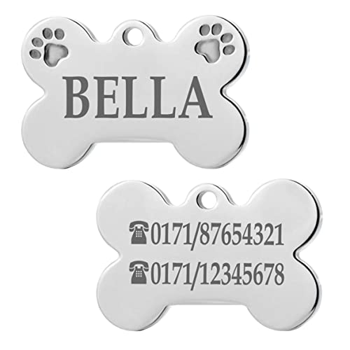 Iberiagifts - Hundemarke Knochen mit Pfoten aus Edelstahl mit Gravur für sehr kleine Hunde und Katzen oder Welpen - Plakette graviert und personalisiert (Mit 2 Pfoten) von Yireal