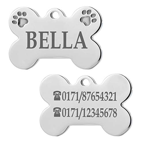 Iberiagifts - Hundemarke Knochen mit Pfoten aus Edelstahl mit Gravur für sehr kleine Hunde und Katzen oder Welpen - Plakette graviert und personalisiert (Mit 2 Pfoten) von Yireal