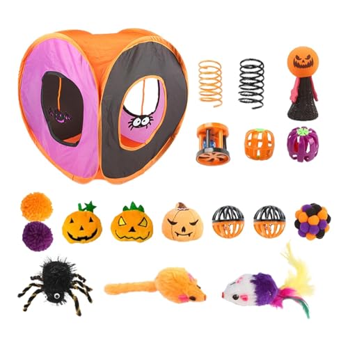 Interaktives Katzenspielzeug – Halloween-Katzentunnel-Spielzeug-Set, Halloween-Katzen-Federstab, Kugel-Federmäuse, Spielzeug, faltbarer quadratischer Kanal, Kätzchen-Starter-Set für Haustiere von Generisch