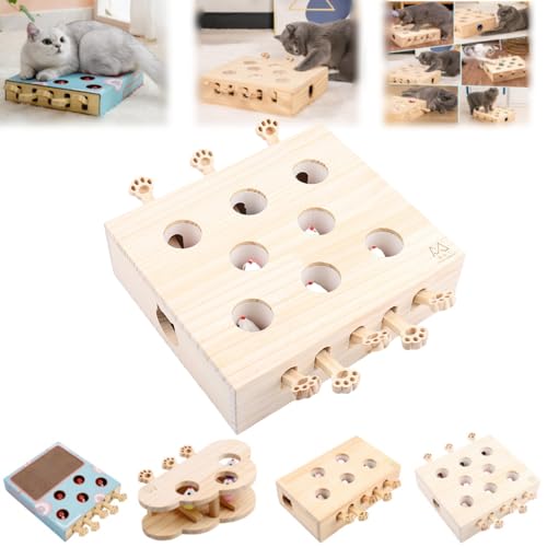 Interaktives Katzenspielzeug Holz Whack-a-Mole Design 3-in-1 Puzzlebox mit Federmaus (8 Loch pelzige Maus) von Generisch