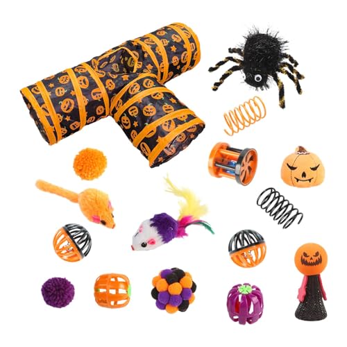 Interaktives Katzenspielzeug-Set, 3-Kanal-Katzenspielzeug-Set | Halloween Katzentunnelspielzeug,Zusammenklappbarer Katzentunnel, Federstab, Kugelfedermäuse für Kaninchen, Hauskatzen von Generisch