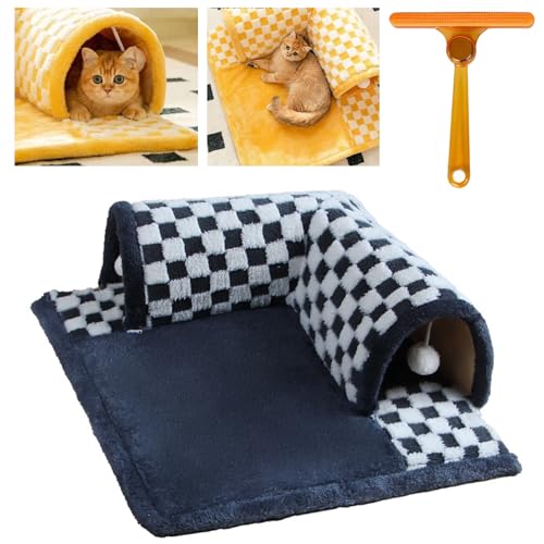 Katze Teppich Tunnel, lustige abnehmbare Tunnel Bett, 2-in-1 Plüsch kariert, niedliche Katze Spielen Teppich, langlebig Flauschige Teppich, kreative Katze Höhle Tunnel(M: 66 * 60cm,A: Marineblau) von Generisch