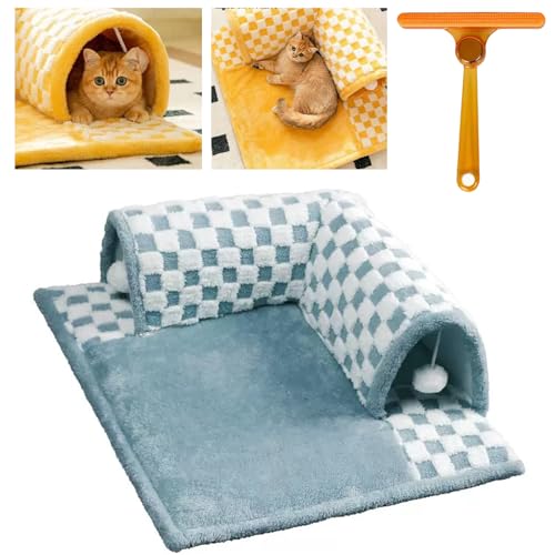 Katze Teppich Tunnel, lustige abnehmbare Tunnel Bett, 2-in-1 Plüsch kariert, niedliche Katze Spielen Teppich, langlebig Flauschige Teppich, kreative Katze Höhle Tunnel(M: 66 * 60cm,A: himmelblau) von Generisch