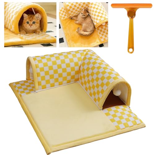 Katze Teppich Tunnel, lustige abnehmbare Tunnel Bett, 2-in-1 Plüsch kariert, niedliche Katze Spielen Teppich, langlebig Flauschige Teppich, kreative Katze Höhle Tunnel(M: 66 * 60cm,B: gelb) von Generisch