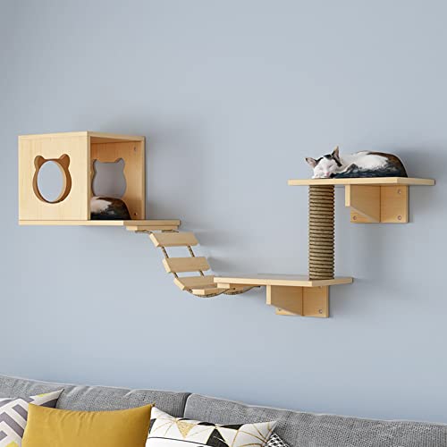 Katzen-Wandregal Baumhaus-Set zum Klettern, Spielen und Faulenzen - Massivholz Wandmontierte Katzenregale für den Innenbereich, moderne Räume von Generisch