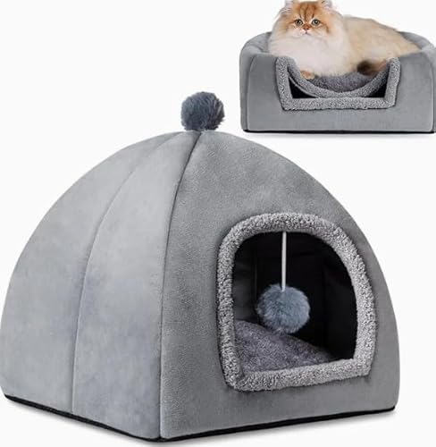 Katzenbett & Katzenhöhle grau – Faltbares Katzenhaus mit weichem, waschbarem Kissen, gemütliches Katzenzelt für Kätzchen & mittelgroße Katzen, 43x43x43cm, perfekt für drinnen von Generisch