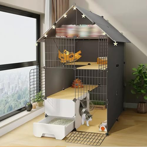 Katzenkäfig mit Katzentoilette, DIY Katzenlaufstall mit Aufbewahrungsregal, Katzengehege Innen mit Leitern, Abnehmbare Metalldrahtzwinger, Toilette Separates Design von Generisch