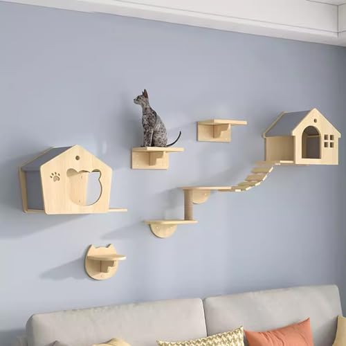 Katzenkletterwand mit Katzenhaus,Moderne Wandmontierte Katzenmöbel für große Katzen, Katzenwandregale, Katzenkletterer - Kitty Spielplatz für aktive Katzen von Generisch