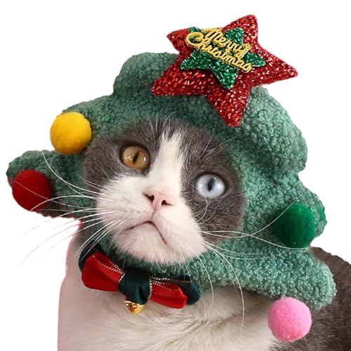 Katzenkostüm – Weihnachtsbaum, Schneemann, niedliches warmes Kätzchen-Outfit, Hunde-Kopfbedeckung, Winter, warmes Zubehör, Plüsch-Kopfbedeckung für kaltes Wetter von Generisch