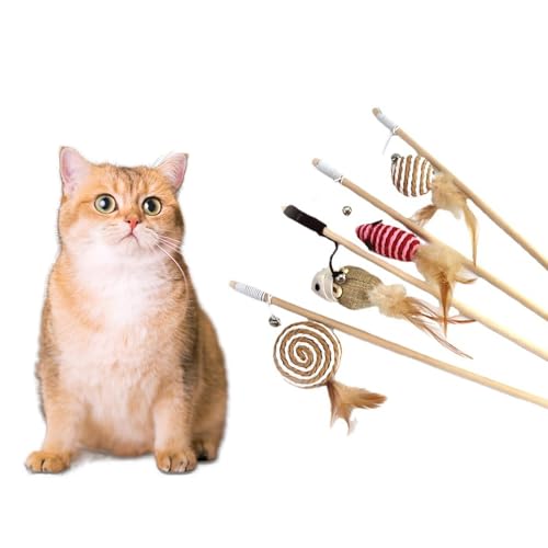 Katzenspielzeug Zauberstab Feder Band Spielzeug Katze Leinen Zauberstab Maus Spielzeug mit Mini Glocke Sticks Katzen Schnur Spielzeug für Indoor Katzen von Generisch