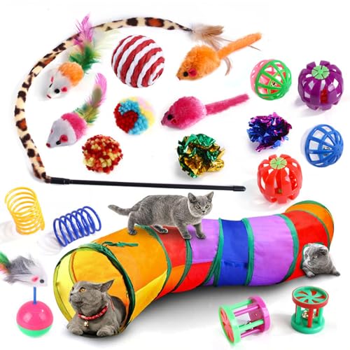 Katzenspielzeug für Indoor-Katzen und Erwachsene, 20-teiliges Regenbogen-Tunnel- und Spielzeug-Set, Katzenspielzeug mit Maus, lindert Langeweile, interaktives Katzenspielzeug, Regenbogen-Tunnel-Set von Generisch