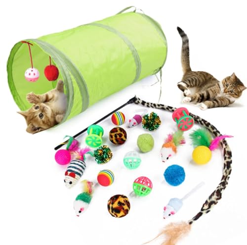 Katzenspielzeugset 21 Stücke Katzenspielzeug Set Katzentunnel Interaktives Katzen Spielzeug für Kätzchen Federspielzeug Katzenbälle Spielzeugmäuse Katzenangel von Generisch