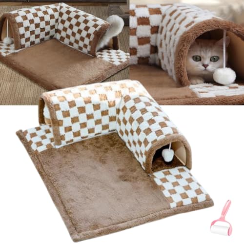 Katzentunnel Bett,Cat Carpet Tunnel,Gemütlicher,süßer,Flauschiger Teppic Katzen,2-in-1,lustiges,Kariertes Plüsch-Bett Hauskatzen,abnehmbare,waschbare Haustierhöhle,hängenden Spielzeugbällen von Generisch