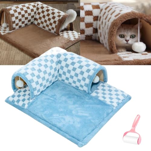 Katzentunnel Bett,Cat Carpet Tunnel,Gemütlicher,süßer,Flauschiger Teppic Katzen,2-in-1,lustiges,Kariertes Plüsch-Bett Hauskatzen,abnehmbare,waschbare Haustierhöhle,hängenden Spielzeugbällen von Generisch