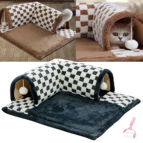 Katzentunnel Bett,Cat Carpet Tunnel,Gemütlicher,süßer,Flauschiger Teppic Katzen,2-in-1,lustiges,Kariertes Plüsch-Bett Hauskatzen,abnehmbare,waschbare Haustierhöhle,hängenden Spielzeugbällen von Generisch