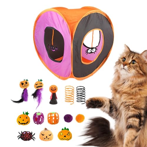 Katzentunnel-Spielzeugset, Katzentunnel für Hauskatzen - Süßes Katzenspieltunnelspielzeug | Halloween-Katzen-Federstab, Ball, Frühlingsmäusespielzeug, faltbares quadratisches Kanal-Kätzchen-Starter-Se von Generisch