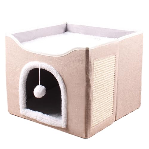 Kitten House Cat Bed, Condo Cute Sleeping Tent, About 41x41x35cm Size, Cube House with Plush Ball and Scratch Pad for Kitten, Puppy, Small Animals, Felt Cloth, Wool von Generisch