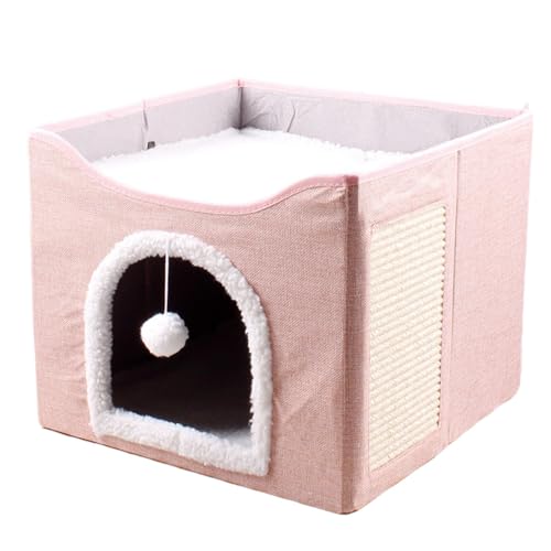 Kitten House Cat Bed, Condo Cute Sleeping Tent, About 41x41x35cm Size, Cube House with Plush Ball and Scratch Pad for Kitten, Puppy, Small Animals, Felt Cloth, Wool von Generisch