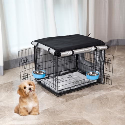 Hundekäfig Set S - Schwarz Metall-Hundekäfig-Kit (Inklusive 2 Hundeschüsseln, weichem Bett, isolierter Abdeckung, Trennwand), zusammenklappbarer Hundekäfig für kleine Hunde (60 x 46 x 51 cm) von Generisch