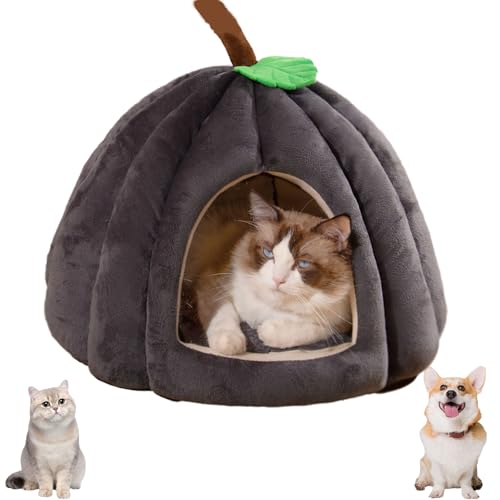 Kürbis-Katzenbett, Süßes Katzenhöhlenbett in Halloween-Kürbisform, Katzenzelt mit abnehmbarem Kissen Warmes Höhlennest Schlafbett Welpenhaus für kleine Hunde (Black, L) von Generisch