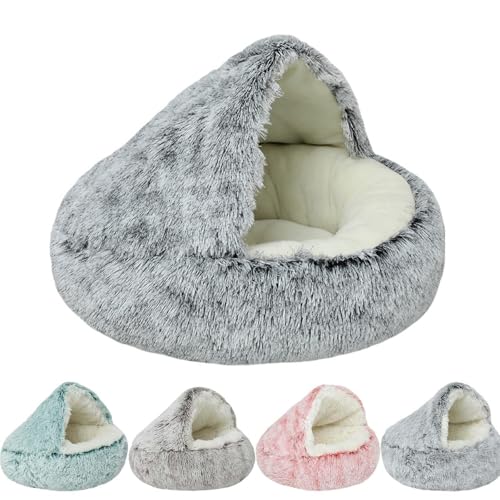 Lapcatz Nestbett, Lapcatz Katzenbett für Indoor-Katzen, halbgeschlossenes Haustiernest, abnehmbares Lapcatz-Nest, Katzenbett, rund, Plüsch, flauschig, mit Kapuze, beruhigendes Katzenbett, Höhle (Grau, von Generisch