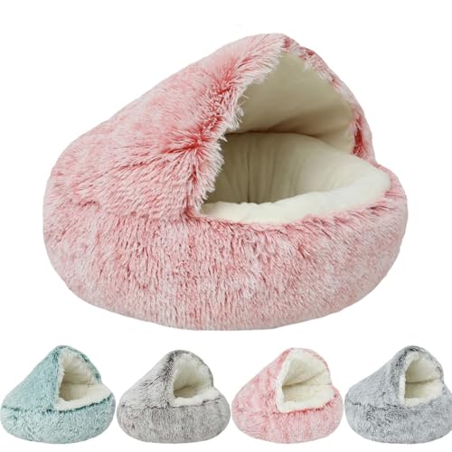 Lapcatz Nestbett, Lapcatz Katzenbett für Indoor-Katzen, halbgeschlossenes Haustiernest, abnehmbares Lapcatz-Nest, Katzenbett, rund, Plüsch, flauschig, mit Kapuze, beruhigendes Katzenbett, Höhle (Rosa, von Generisch