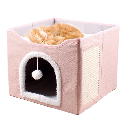 Large Cat Cave, Foldable Cave Kitten House Cat Bed, Cozy Sleeping Condo Tent, Soft Plush Cushion, Enclosed Cube Design with Hanging Ball, Scratch Pad, Perfect Hideaway for Small Animals von Generisch