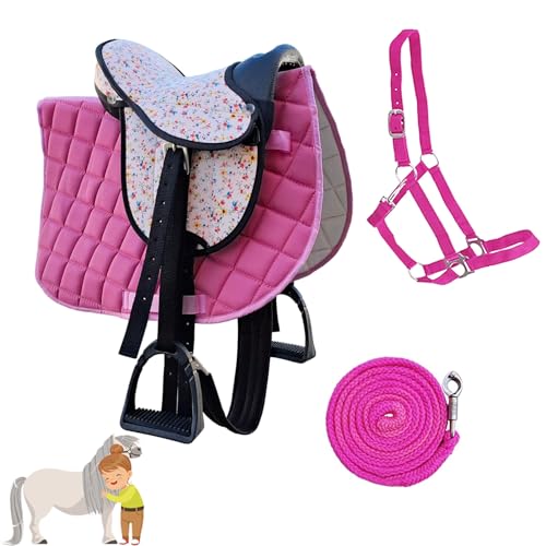 MY SWEET PONY® Kinder Shettysattel-Set Pink Flower + Halfter + Führstrick | Sattel für Pony Shetty und Holzpferd | Alles enthalten | kompletter Sattel | Ideal für erste Reitversuche von Generisch