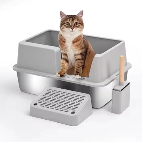 Montys Enclosed Sides XL Katzentoilette aus Edelstahl – Extra große hochseitige Katzentoilette für große Katzen – nimmt nie Geruch, Flecken oder Rost auf – (1 Pfanne mit Gehäuse, Seitenstufe und von Generisch